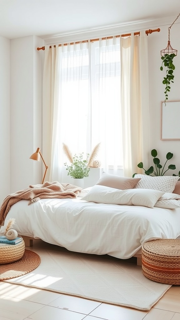 A cozy bedroom with soft pastel colors, a white bed, natural light, and plants.