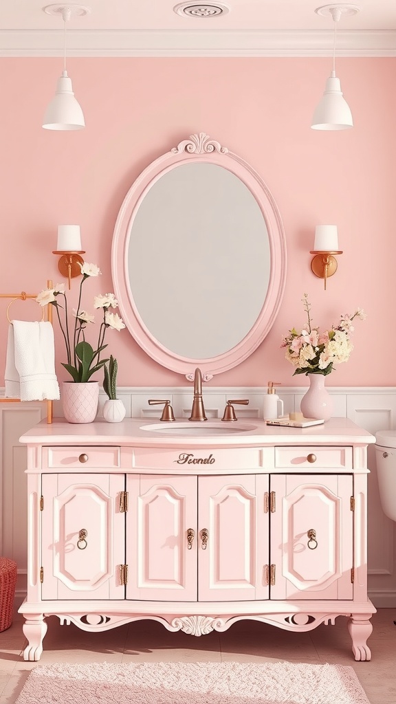 A bathroom vanity featuring soft pastel pink color with elegant details, a round mirror, and decorative flowers.