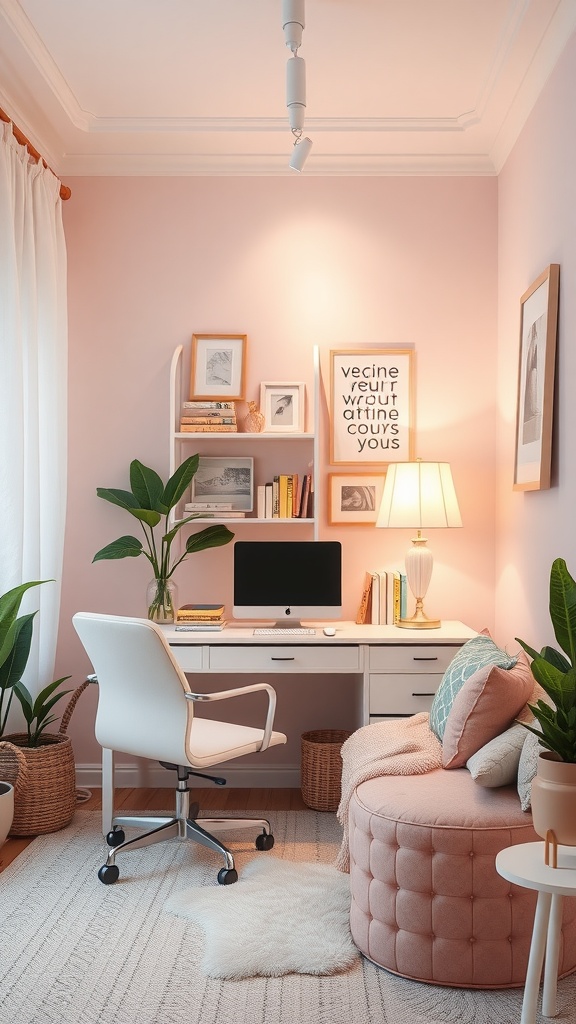 A pastel-themed home office featuring a white desk, computer, and plants, creating a calming workspace.