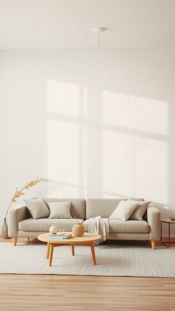 Cozy living room featuring soft pastel colors, light sofa, round coffee table, and minimal decor.