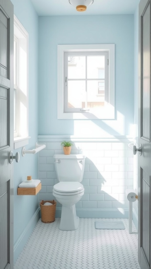 Small bathroom painted in soft powder blue with white fixtures and natural light