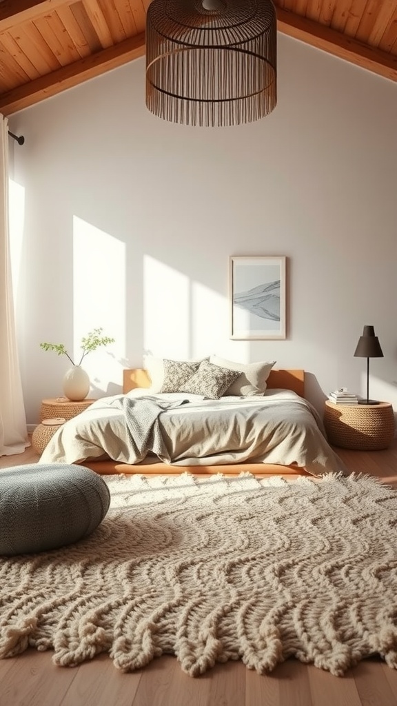 Cozy boho bedroom featuring a soft woven rug, wooden ceiling, and warm decor.