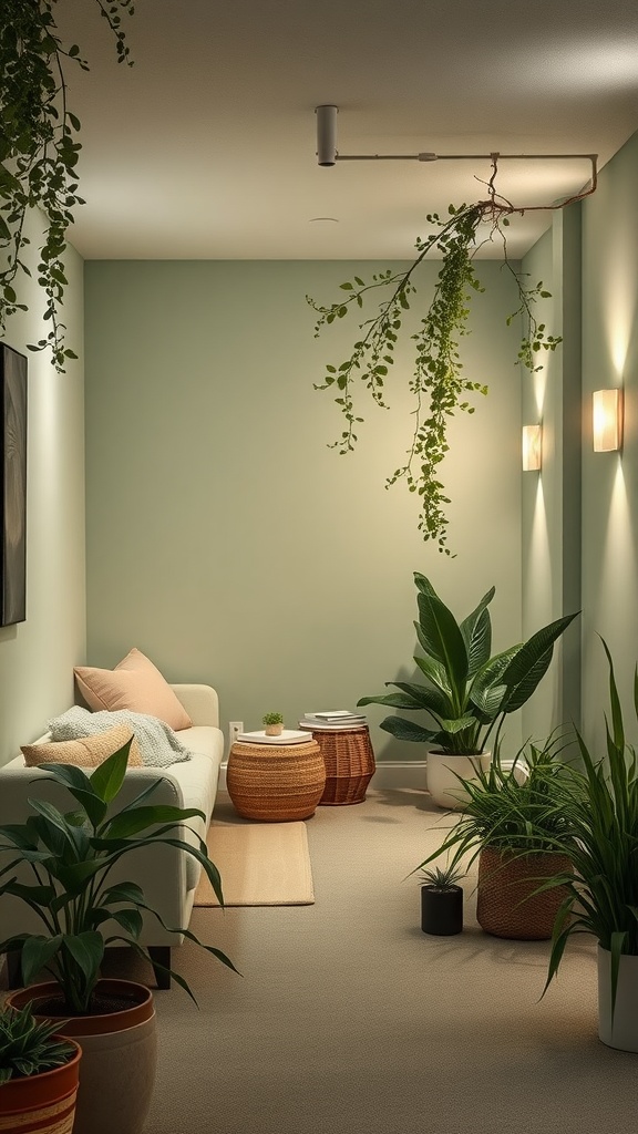 A cozy basement with soft sage green walls, plants, and inviting furniture.