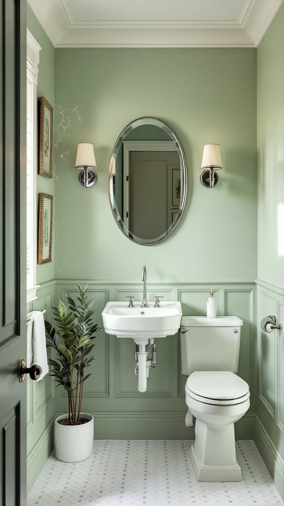 A stylish powder room featuring soft sage green walls, elegant molding, and tasteful fixtures.