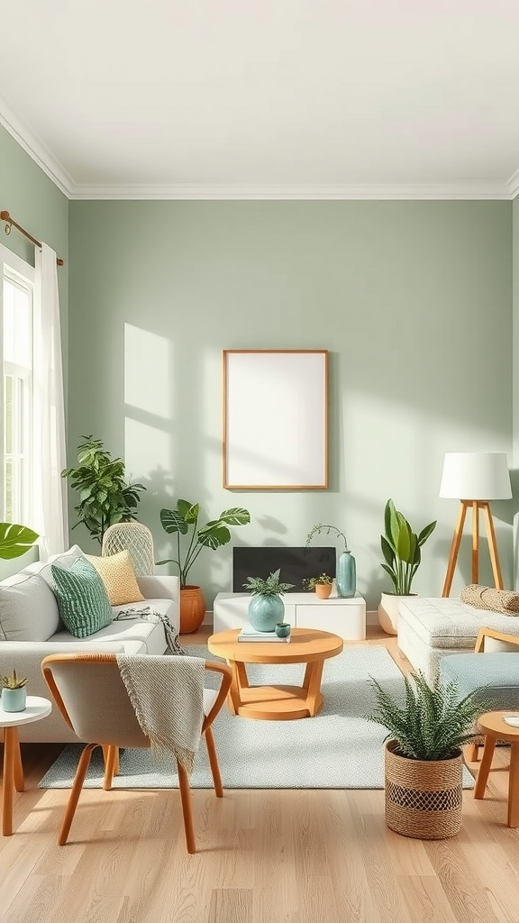 Living room painted in soft sage green with light-colored furniture and plants.