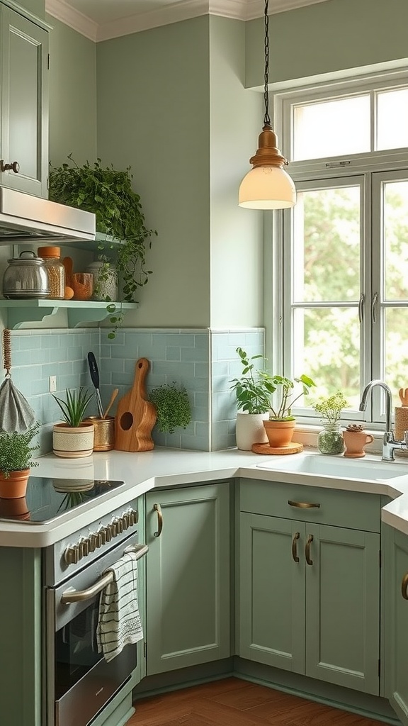 A cozy kitchen with soft sage green walls and cabinets, featuring plants and natural elements.