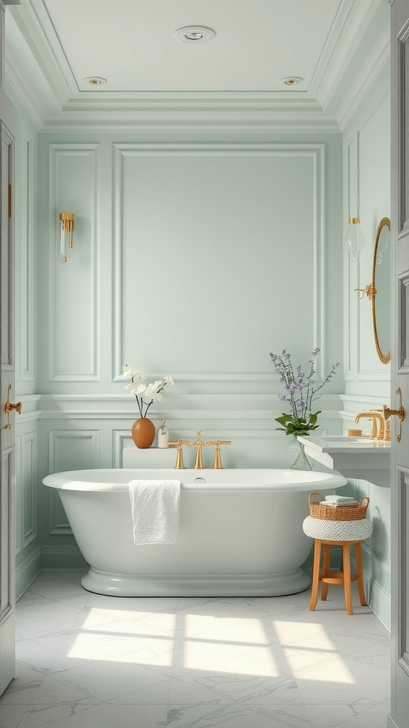 A bathroom featuring soft seafoam green walls, a white bathtub, and gold fixtures.