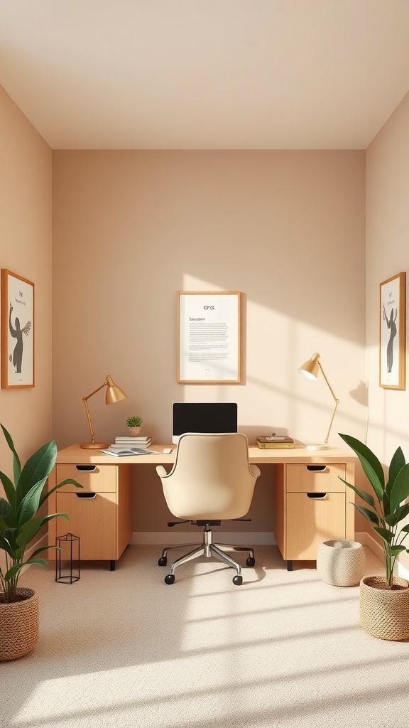 A cozy office space featuring soft taupe walls, a wooden desk, a computer, and greenery.