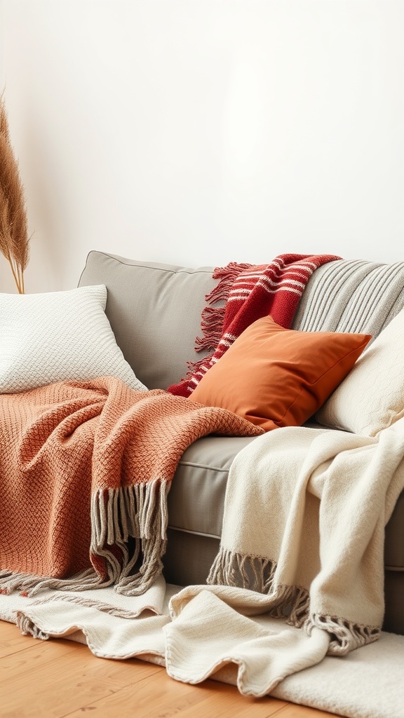 A cozy sofa filled with soft blankets and pillows in warm colors, showcasing a layered textile arrangement for a Hygge living room.