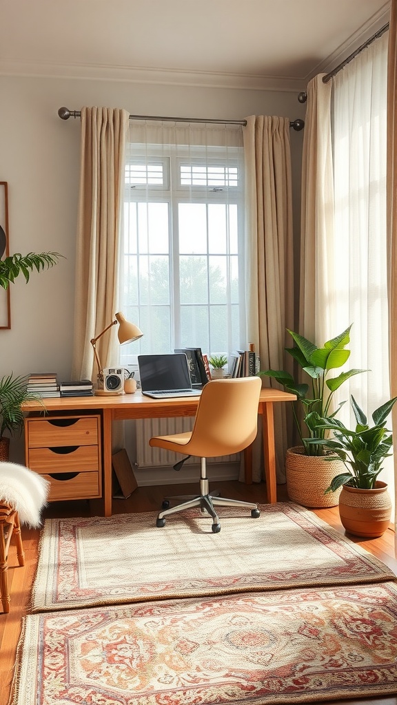 A cozy home office setup featuring soft textiles, including layered rugs and light curtains.