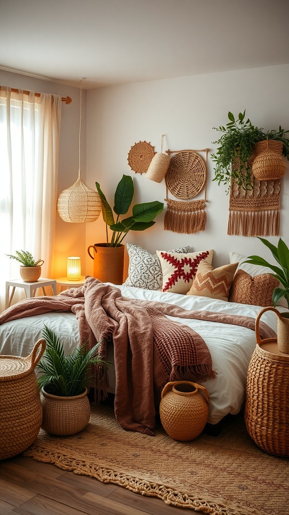 A cozy boho bedroom featuring soft textures with layered blankets, plush pillows, and woven rugs.