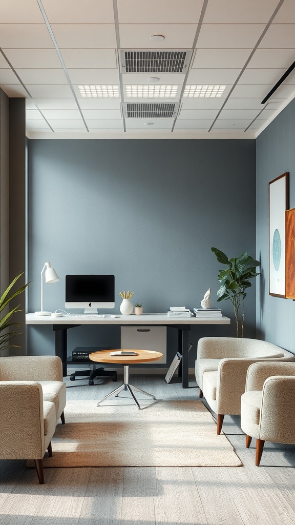 A cozy small office with soft textured furniture and a calming color palette.