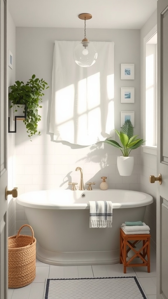 A bright bathroom with soft gray walls, a white tub, and green plants, featuring natural light and cozy decor.