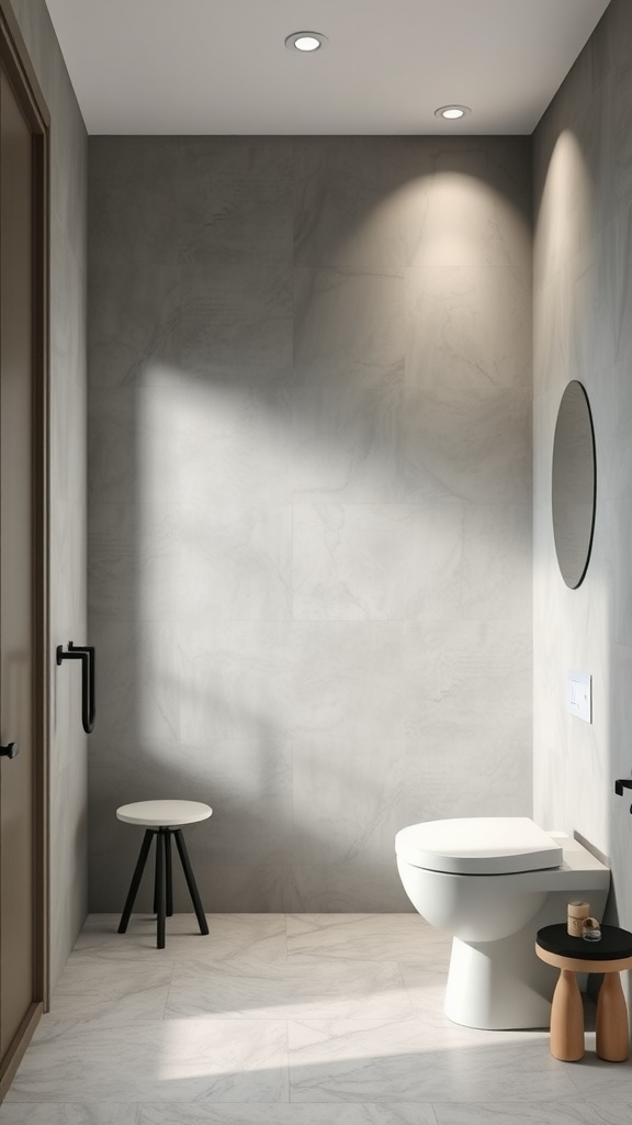 A modern gray and white bathroom with a gray accent wall, showcasing a toilet, small stools, and natural light.