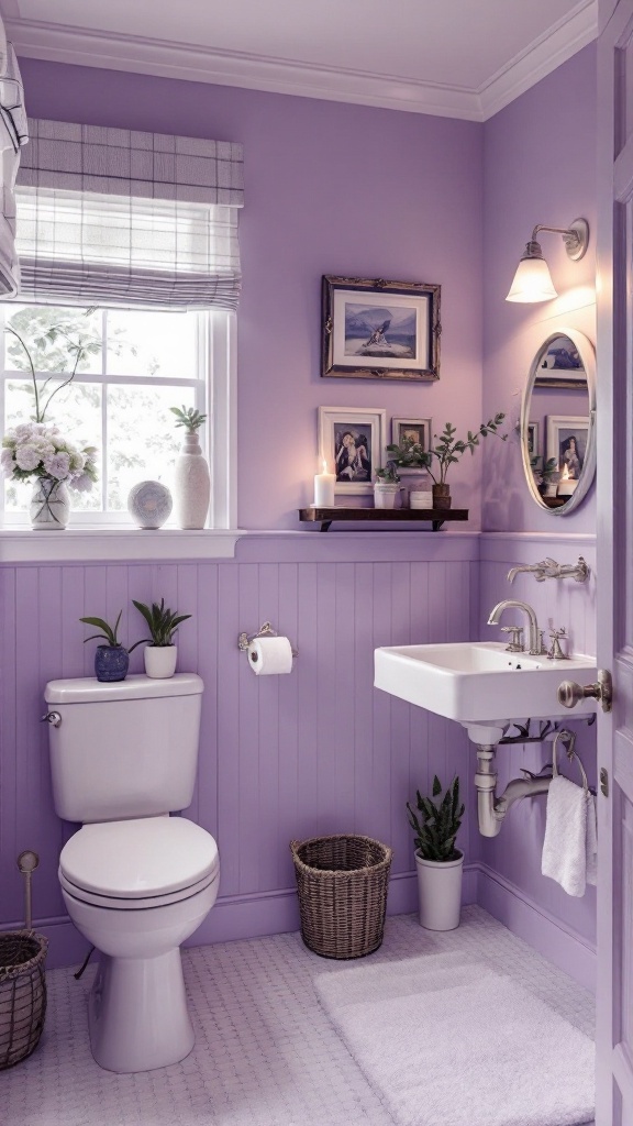A small bathroom painted in soothing lavender, featuring white fixtures and a cozy bench.