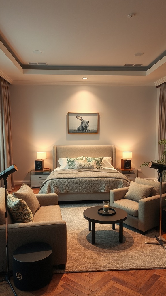 Cozy master bedroom setup with a soothing music arrangement.