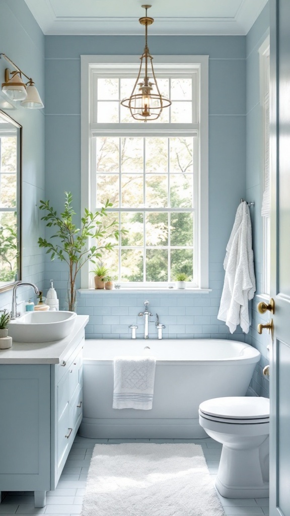 A bathroom featuring soothing sky blue walls and white fixtures, with a vase of flowers on the sink.