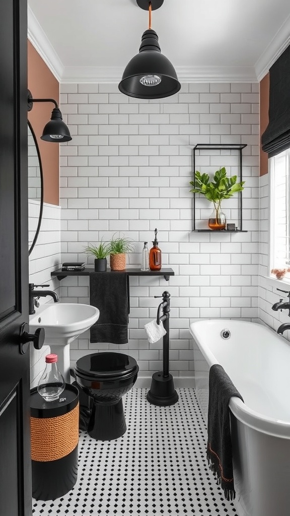 Aesthetic bathroom featuring black fixtures, white tiles, and stylish lighting.