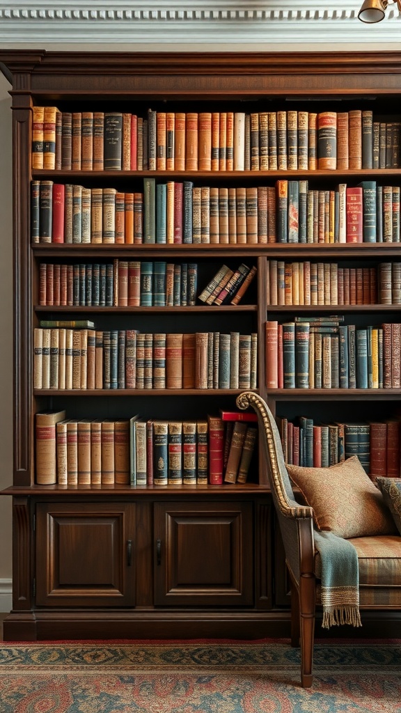 A cozy living room with a large wooden bookcase filled with books and a comfortable chair