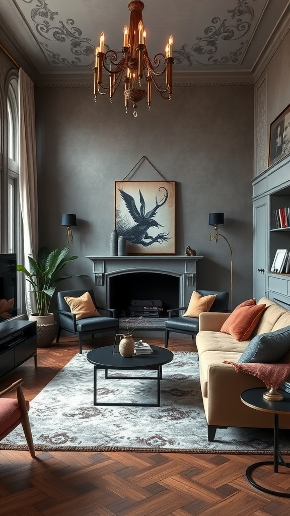 A stylish living room featuring a chandelier, modern furniture, and Gothic elements.
