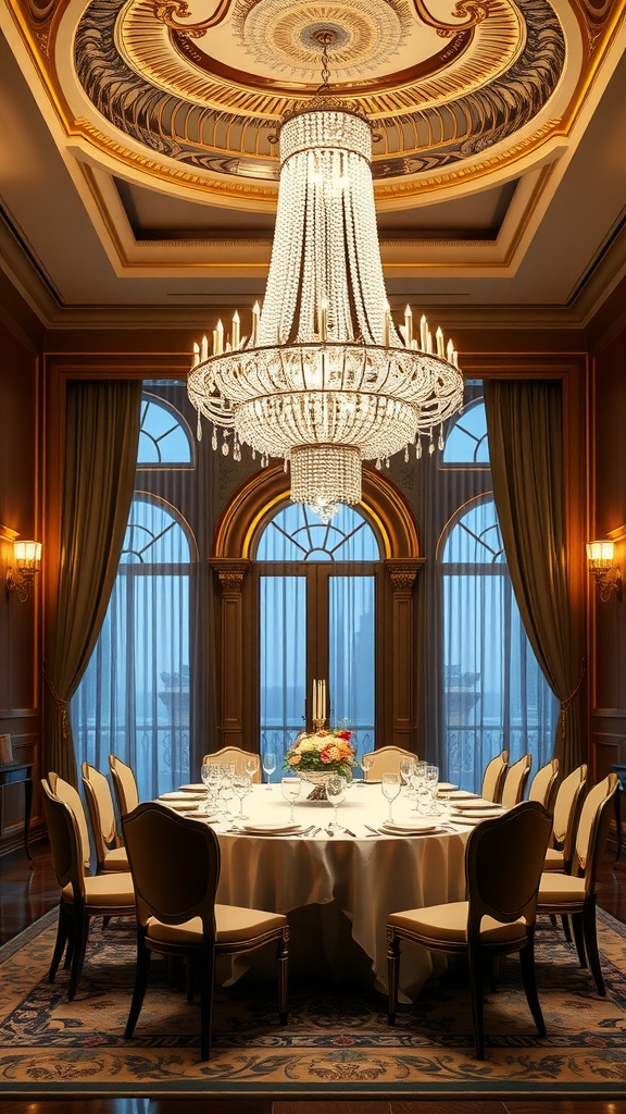 Luxurious Italian dining room featuring a stunning crystal chandelier above a round dining table.