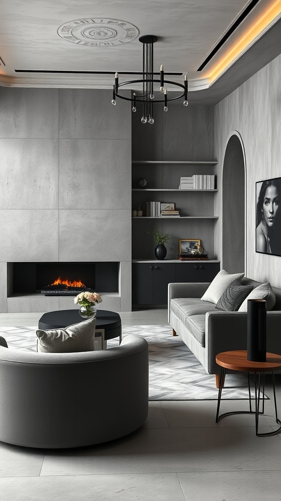 A modern living room featuring concrete walls, velvet furniture, and stylish decor.