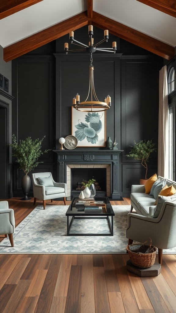 A sophisticated farmhouse living room with dark walls, wooden beams, elegant chandelier, and cozy furniture.