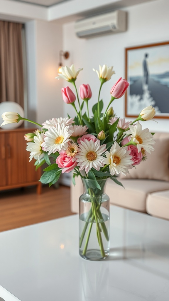 Beautiful floral arrangement with pink tulips, daisies, and roses in a glass vase on a coffee table.