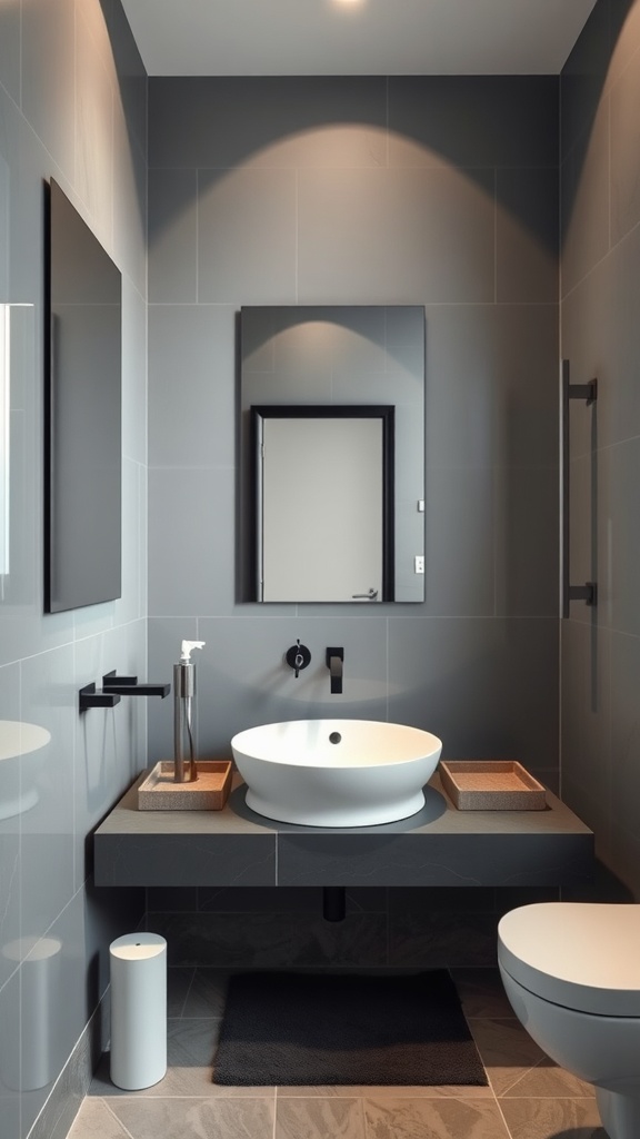 Modern bathroom featuring a gray color scheme with a round sink and black fixtures.