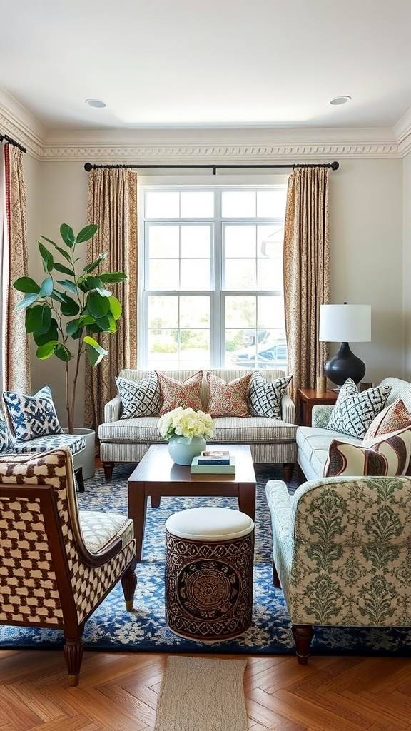 A living room featuring layered patterns with stylish furniture and decorative accents.