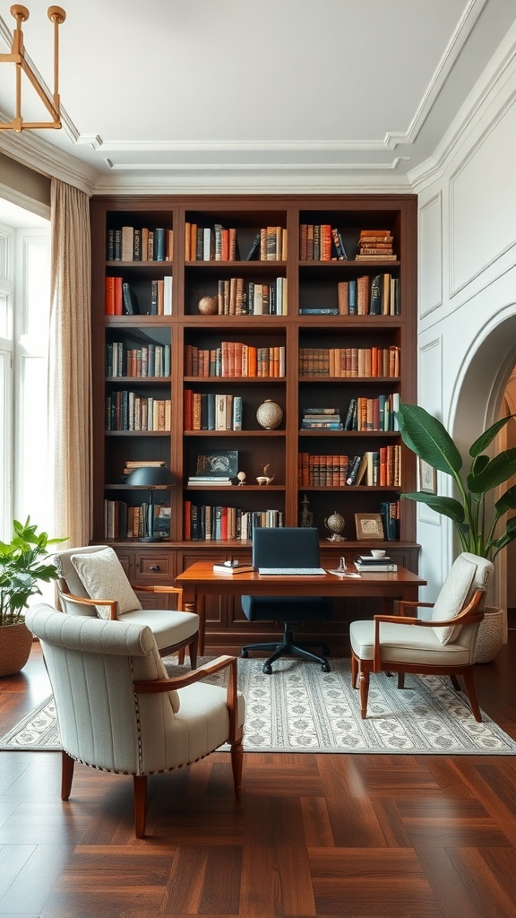 A sophisticated library-style home office featuring wooden bookshelves filled with books, a stylish desk, and cozy armchairs.