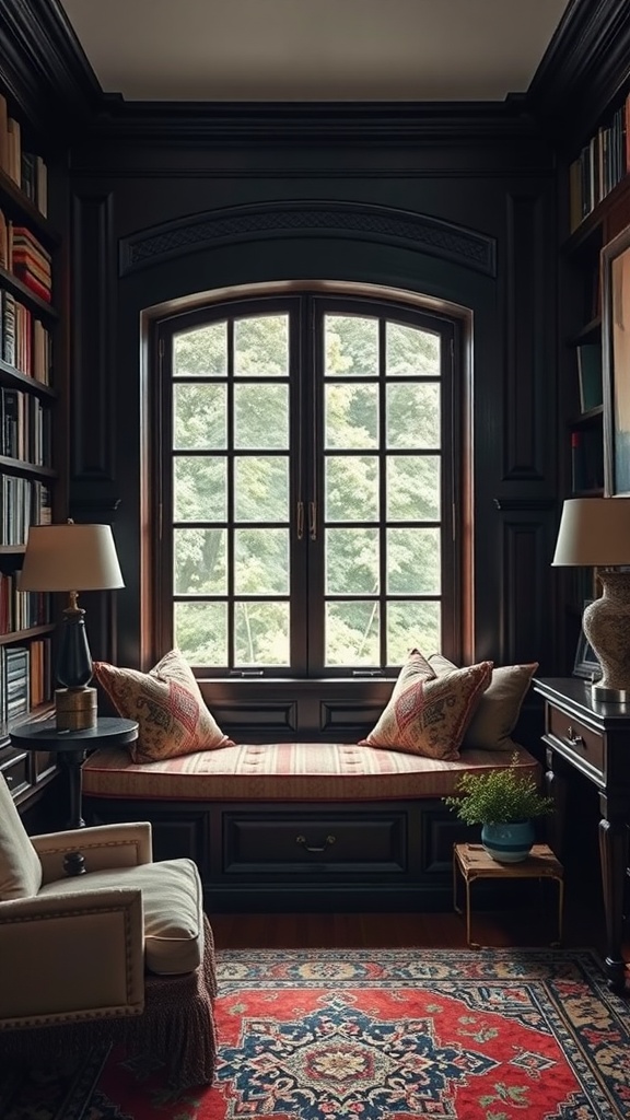 Cozy library with a dark wood window seat, bookshelves, and a warm rug.