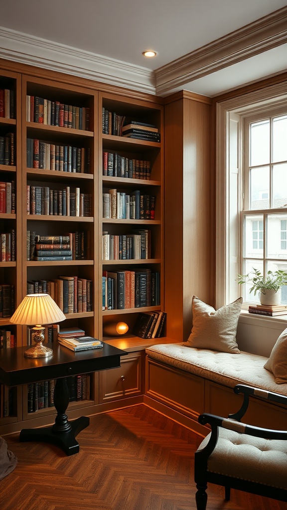 A sophisticated library featuring a window seat, bookshelves filled with books, and warm lighting.