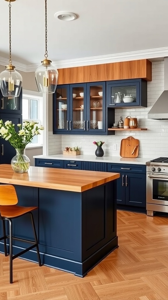 A modern kitchen featuring navy blue and oak two-toned cabinets with a light countertop and copper pendant lights.