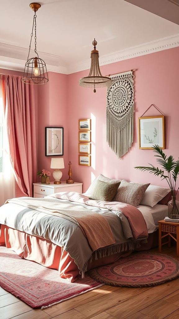 A cozy pink boho style bedroom featuring soft pink walls, a layered bedspread in gray and pink, macrame wall art, and warm lighting.