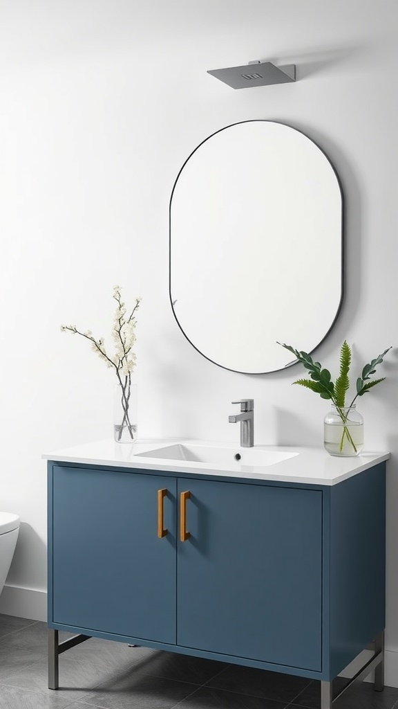A modern bathroom vanity in steel blue with gold handles, a white countertop, and a round mirror, complemented by decorative plants.