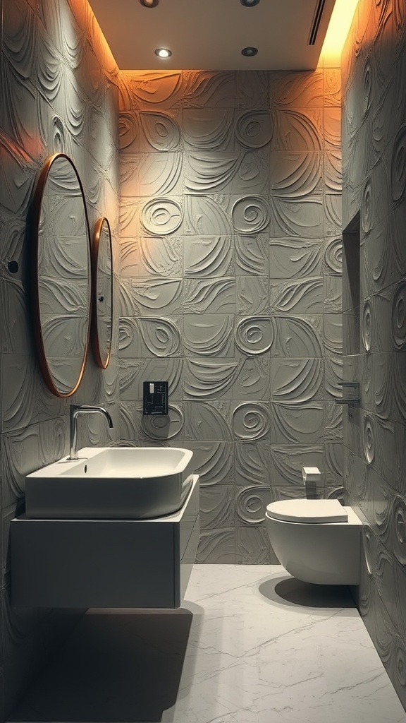 Sophisticated guest bathroom with textured wall design, round mirrors, and modern fixtures.