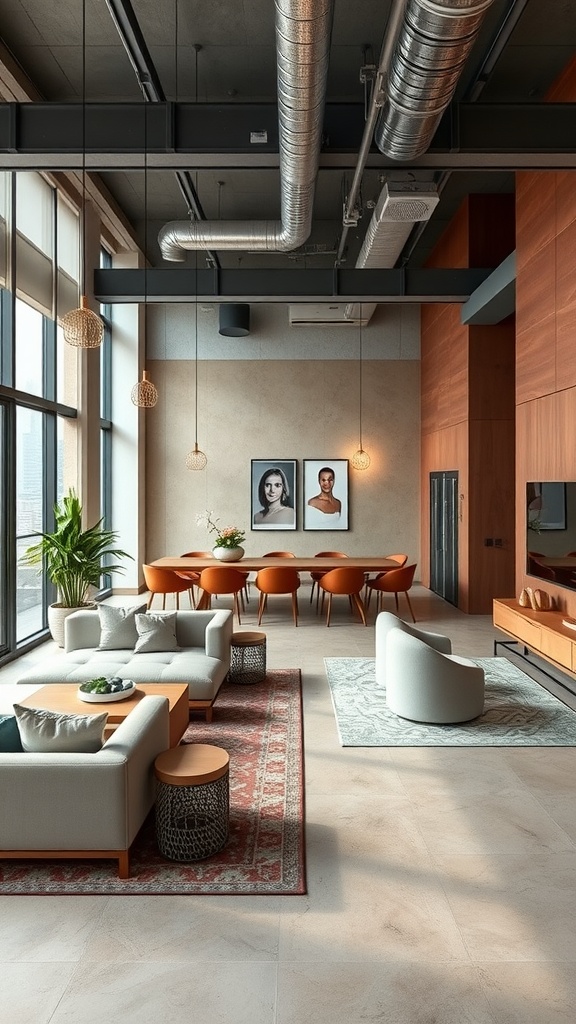 A sophisticated urban loft featuring a cozy living room and dining room combo with modern furniture and large windows.