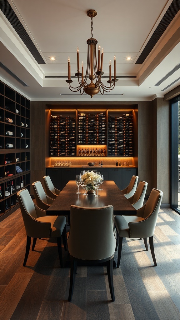 A sophisticated dining room with a large table, comfortable chairs, and an impressive wine cellar in the background.