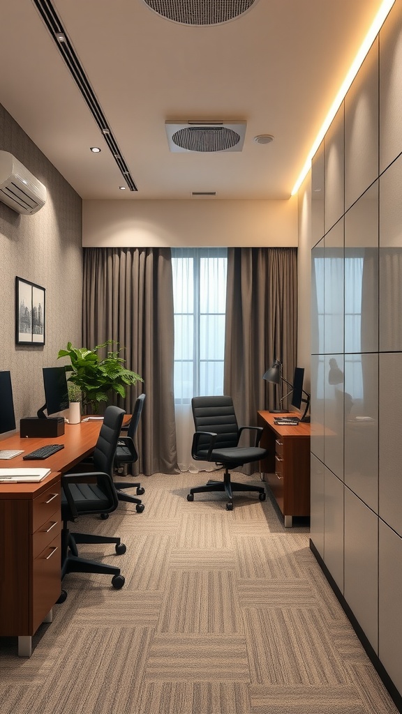 A modern home office with soundproofing elements like curtains and carpet.