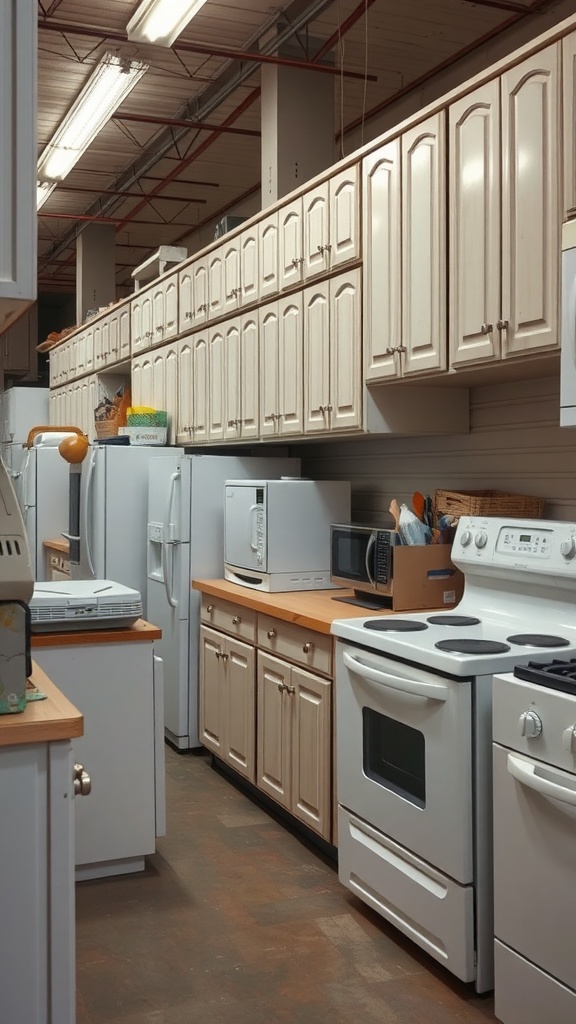 A store displaying various second-hand kitchen appliances and cabinets, ideal for budget renovations.