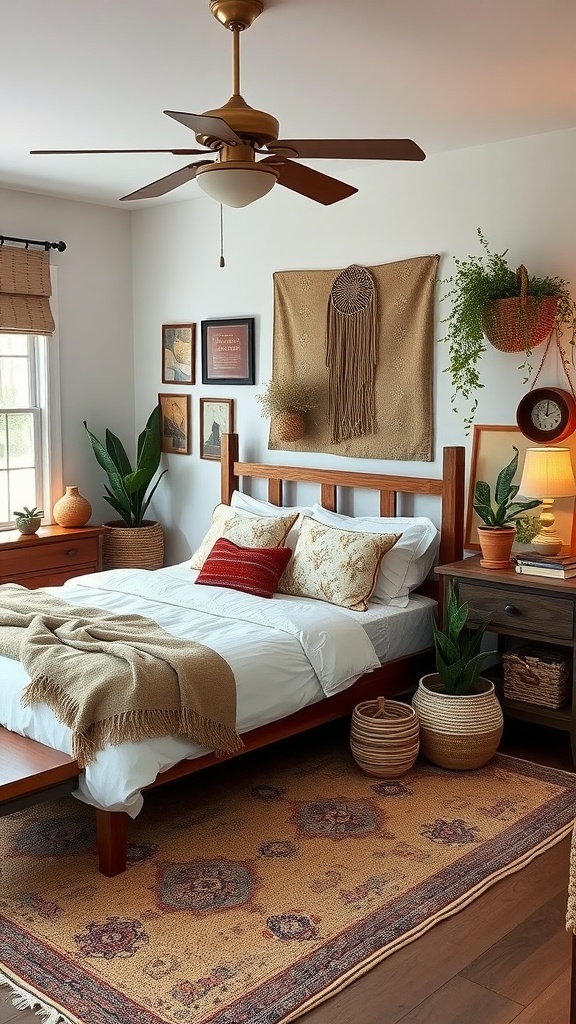 A cozy Southern Boho bedroom with a wooden bed, white linens, decorative pillows, a macramé wall hanging, plants in baskets, and a vintage rug.