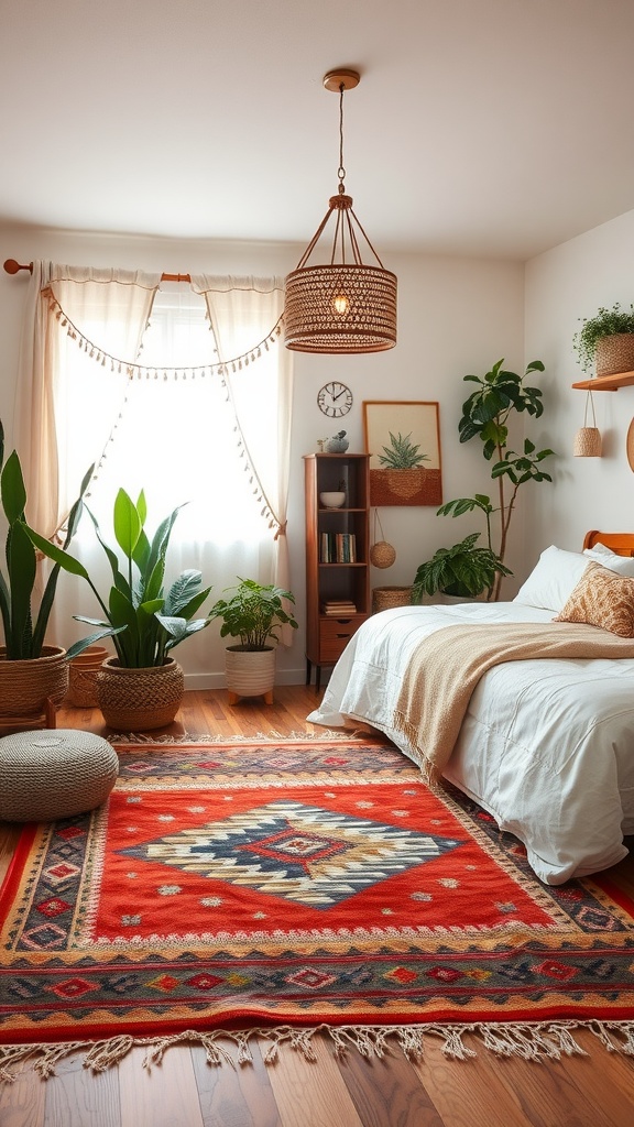 A cozy bedroom featuring a Southwestern style rug with vibrant patterns, plants, and soft lighting.