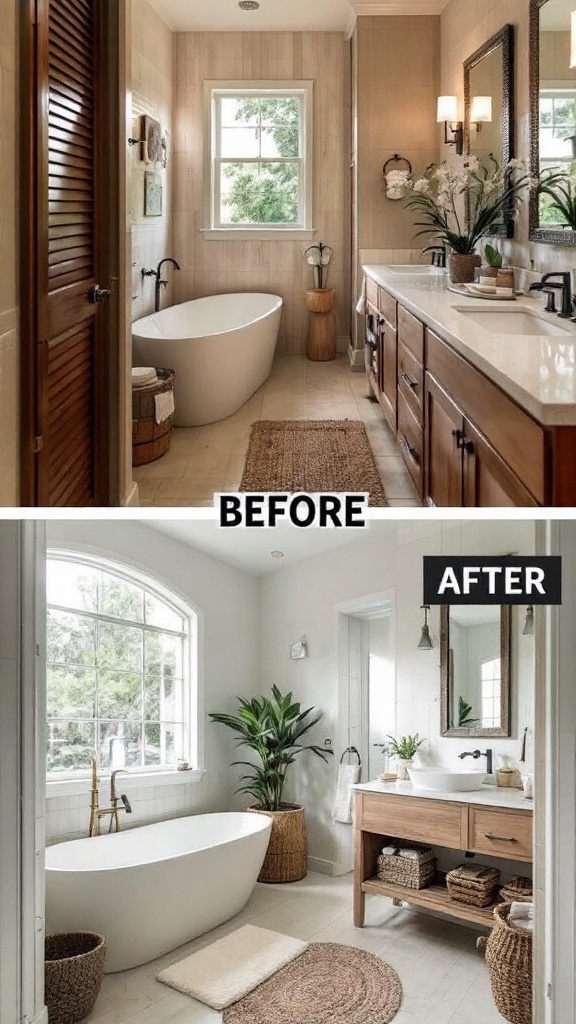 Before and after image of a bathroom makeover showing a spa-inspired design