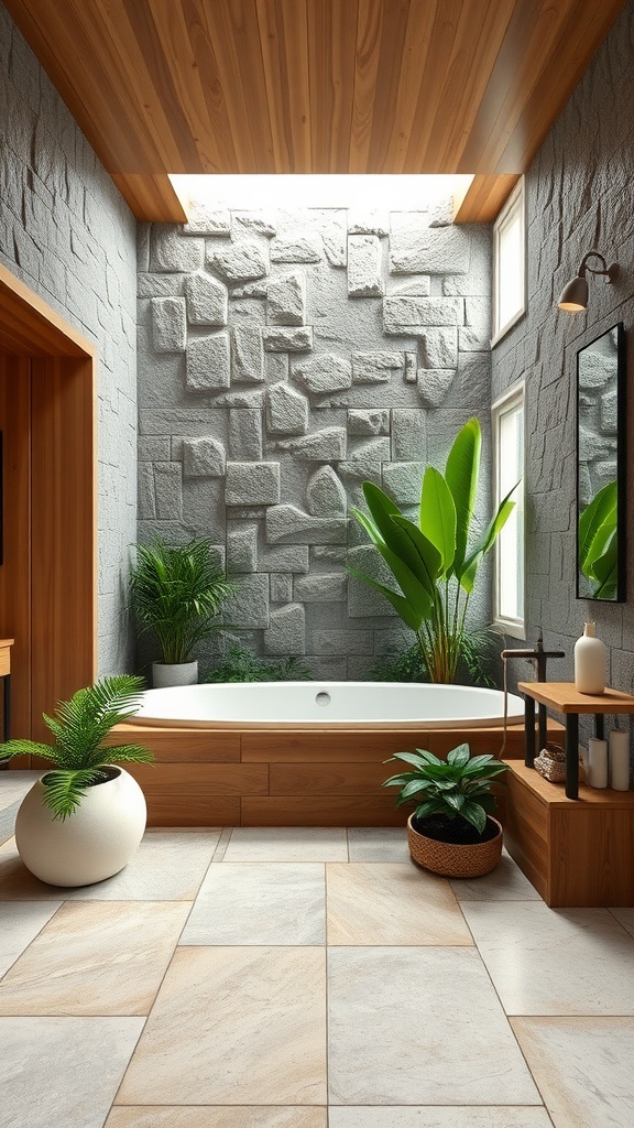 A luxurious bathroom with a gray stone wall, wooden ceiling, circular bathtub, and plants.