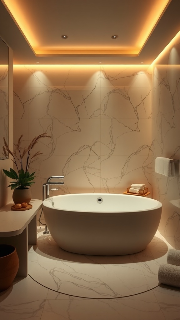 A modern bathroom featuring a luxurious oval bathtub, marble walls, and warm lighting.