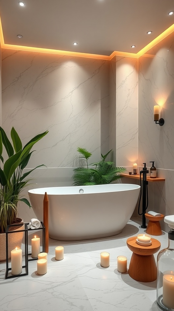 A serene bathroom featuring a soaking tub, candles, and plants creating a relaxing atmosphere.