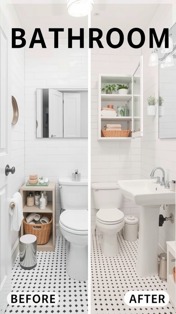 Before and after images of a bathroom makeover showcasing space-saving design