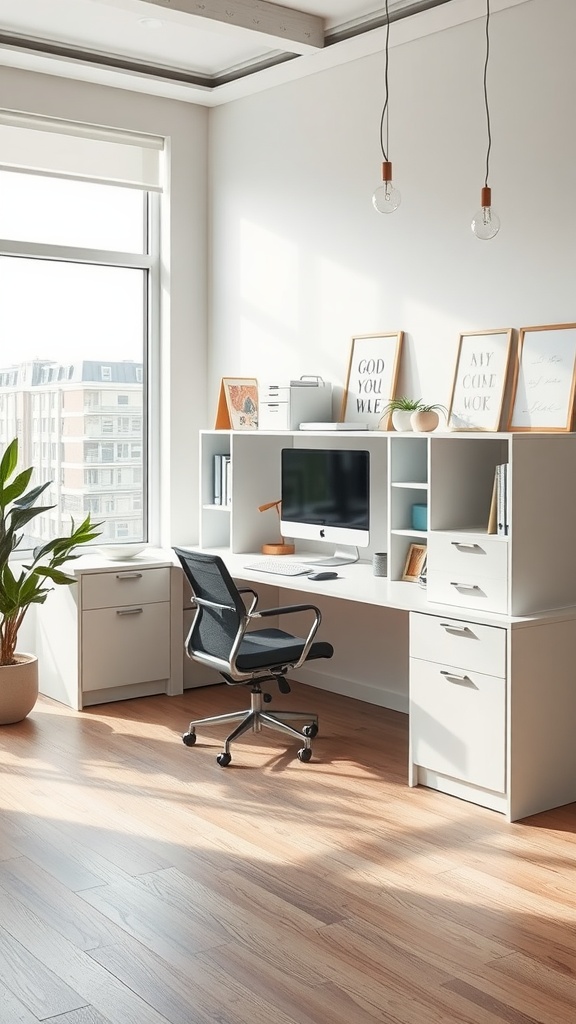 Small office interior featuring a spacious desk with storage, a comfortable chair, and motivational framed quotes.