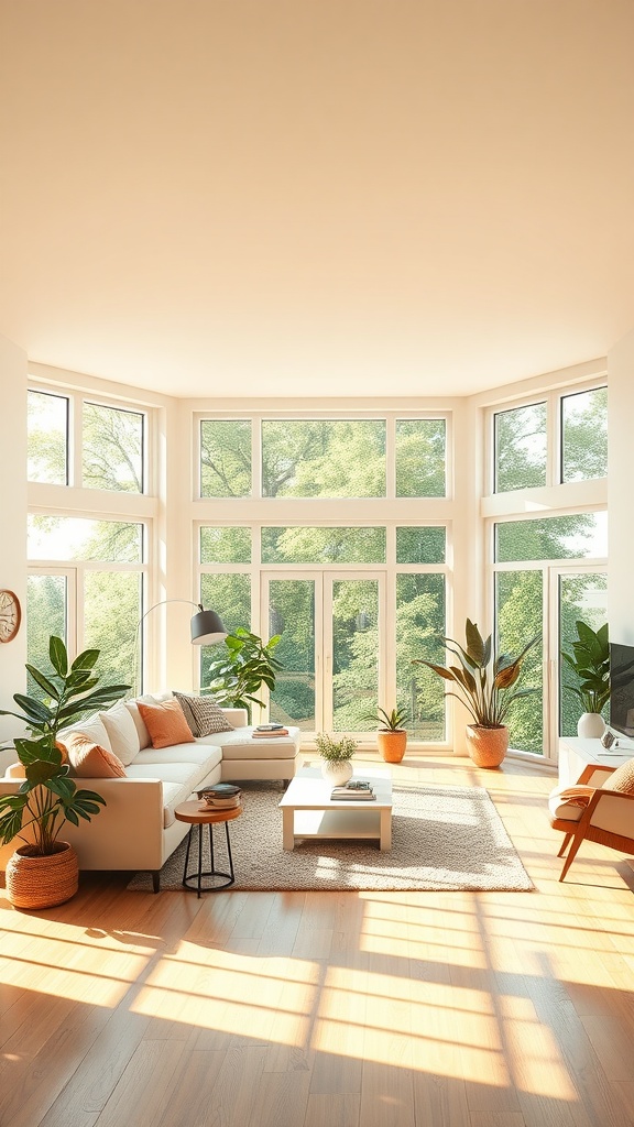 Spacious living room with large windows, natural light, and country farmhouse decor